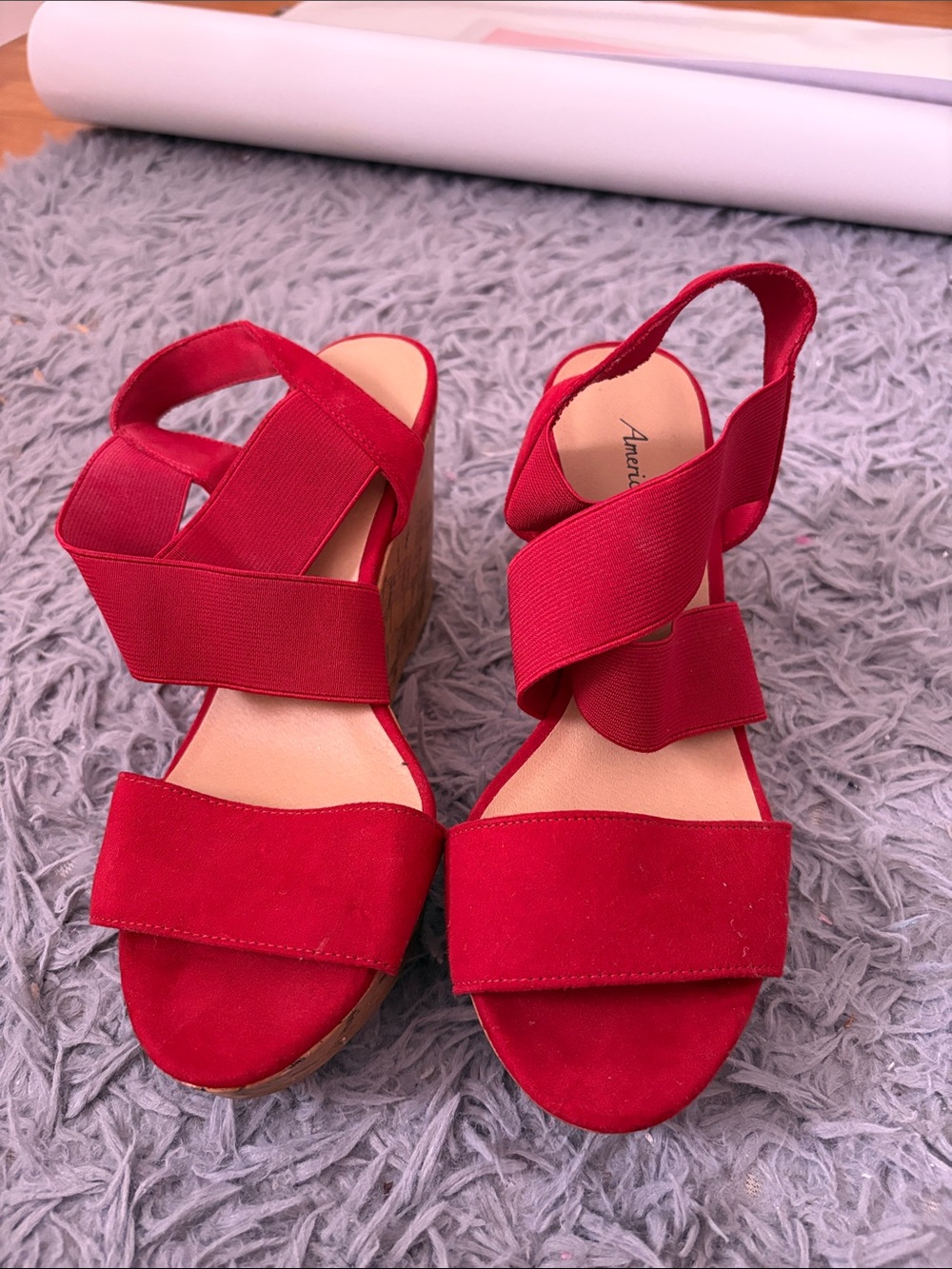 American Eagle Outfitters Red Elastic Crossover Wedge Sandals